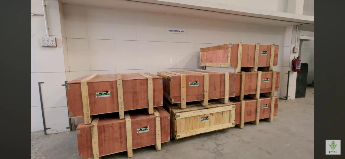 Finished PTPL tooling secured in wooden crates for dispatch